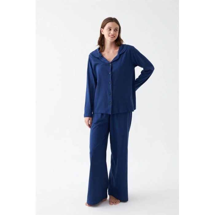 Moda Kadın Lacivert Düğmeli Yaka Detaylı Pamuklu Pijama Takımı