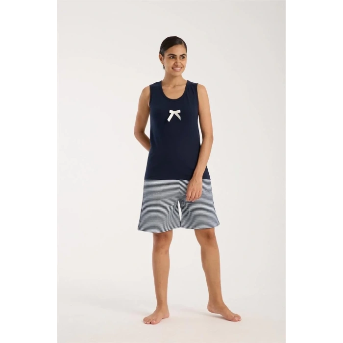 Moda Kadın Lacivert Kurdele Detaylı Çizgili Şortlu Pijama Takımı