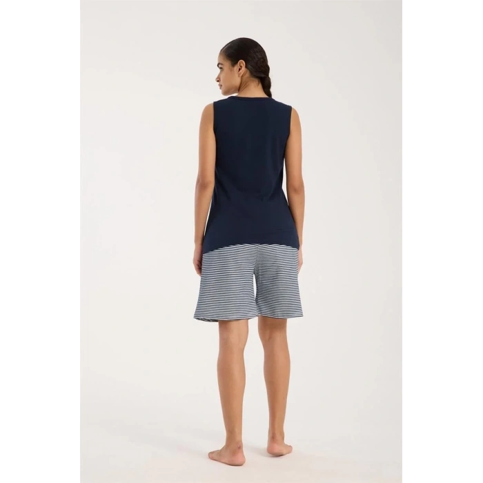 Moda Kadın Lacivert Kurdele Detaylı Çizgili Şortlu Pijama Takımı