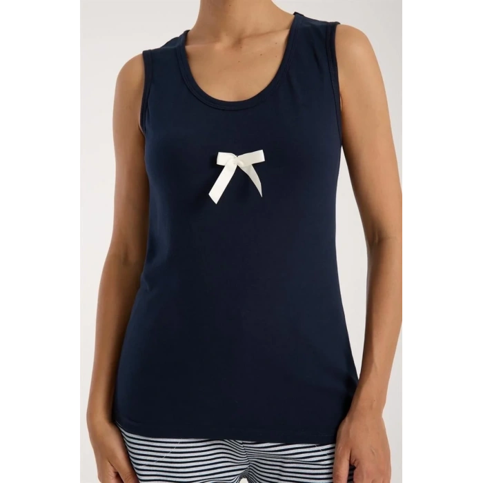 Moda Kadın Lacivert Kurdele Detaylı Çizgili Şortlu Pijama Takımı
