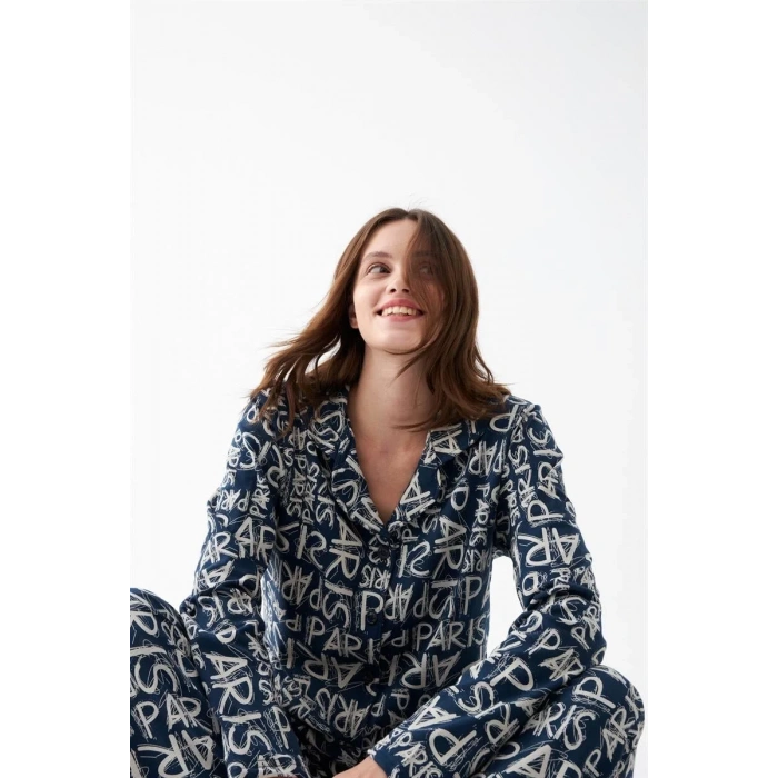 Moda Kadın Lacivert “Paris” Yazı Desenli Düğmeli Pamuklu Pijama Takımı
