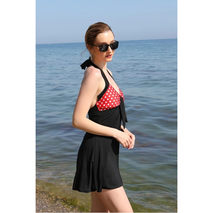 Moda Kadın Likralı Şortlu Fiyonklu Elbise Mayo Kırmızı