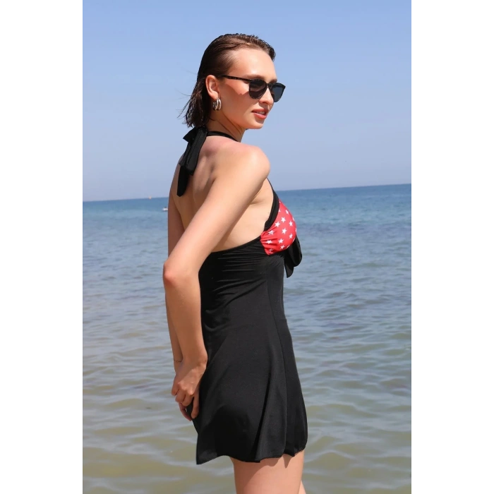 Moda Kadın Likralı Şortlu Fiyonklu Elbise Mayo Kırmızı