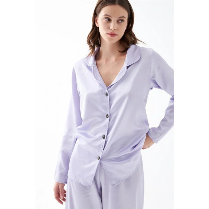 Moda Kadın Lila Oversize Saten Pijama Takımı – Rahat Kesim Şık Ev Giyim Seti