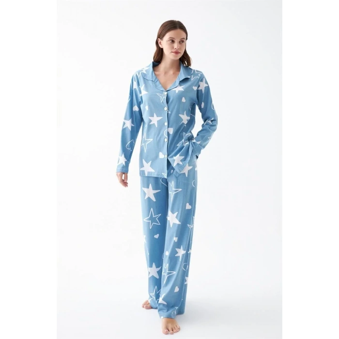 Moda Kadın Mavi Yıldız Desenli Düğmeli Pamuklu Pijama Takımı