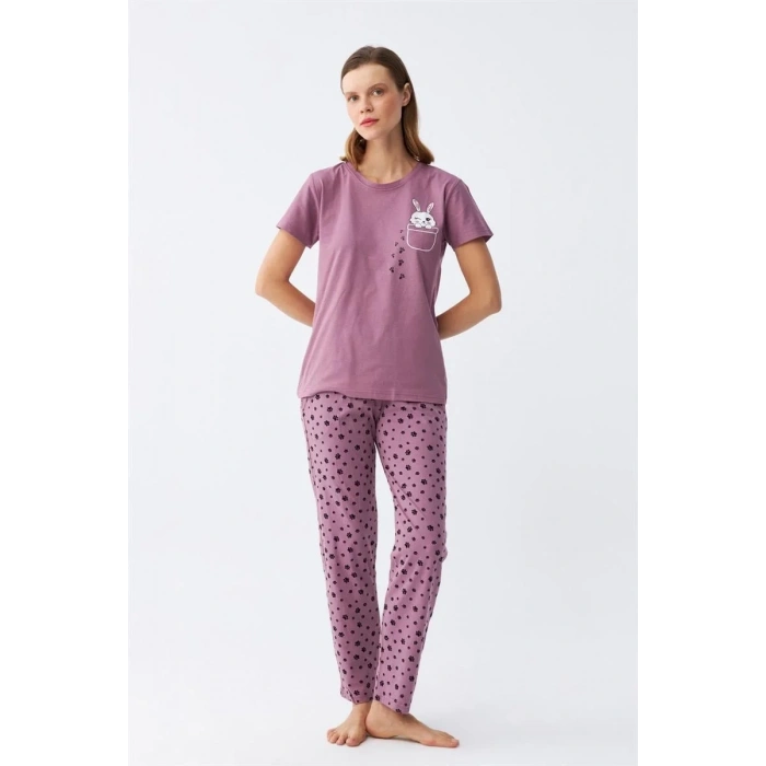 Moda Kadın Mor Patili Tavşan Baskılı Cepli Pijama Takımı