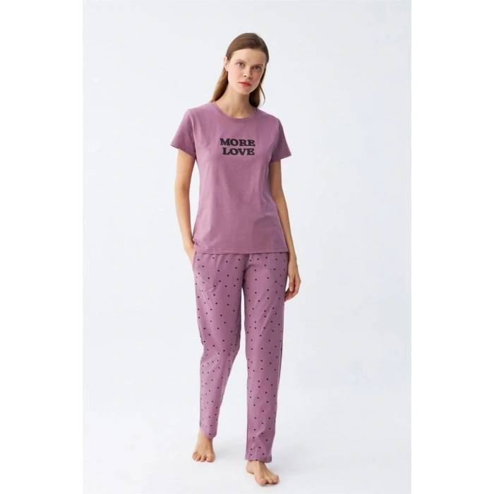 Moda Kadın Mor Yıldız Desenli Penye Kısa Kol Pijama Takımı