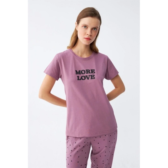 Moda Kadın Mor Yıldız Desenli Penye Kısa Kol Pijama Takımı