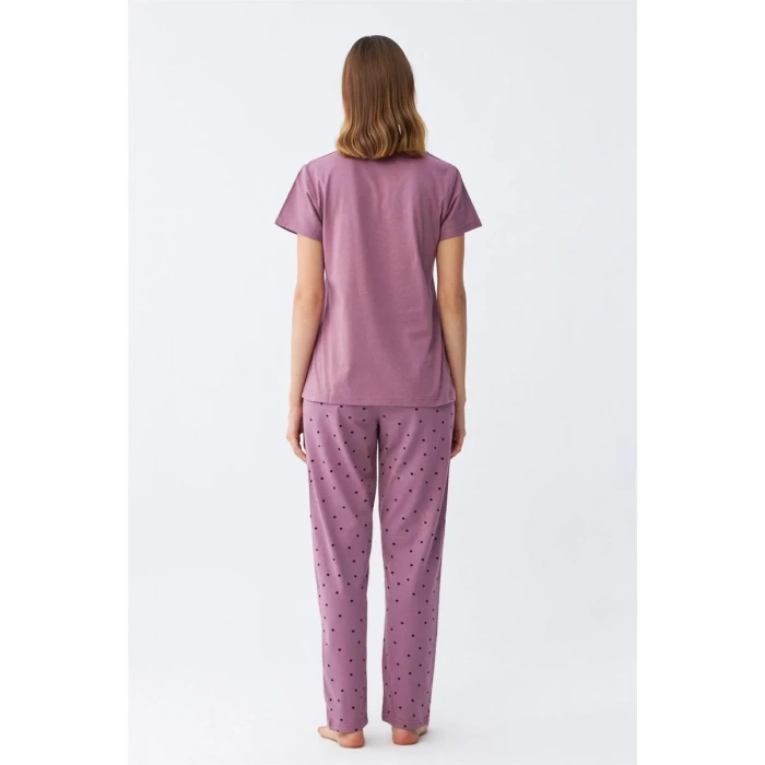 Moda Kadın Mor Yıldız Desenli Penye Kısa Kol Pijama Takımı
