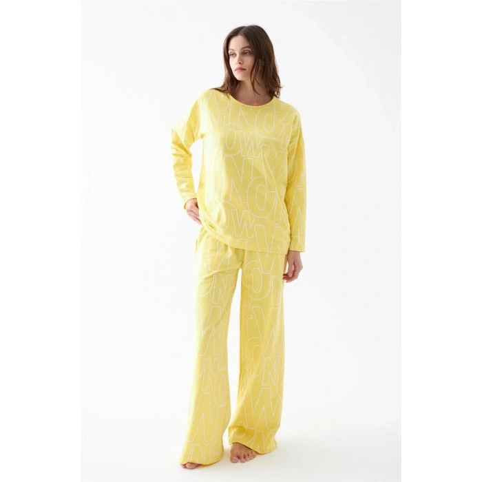 Moda Kadın Oversize Sarı Desenli Pamuklu Kalın Pijama Takımı