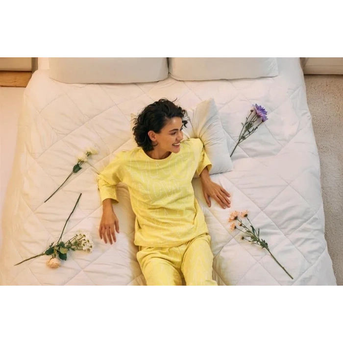 Moda Kadın Oversize Sarı Desenli Pamuklu Kalın Pijama Takımı