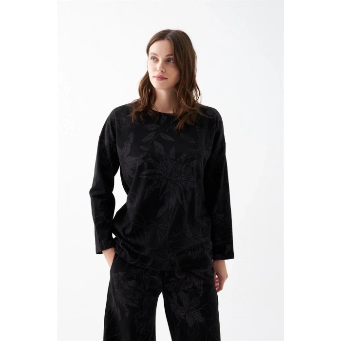 Moda Kadın Oversize Siyah Çiçek Desenli Pamuklu Kalın Pijama Takımı