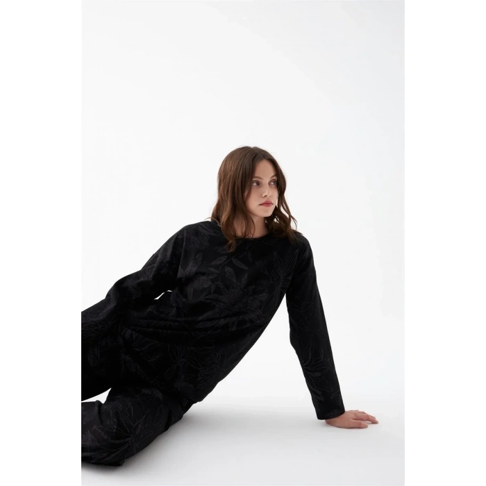Moda Kadın Oversize Siyah Çiçek Desenli Pamuklu Kalın Pijama Takımı