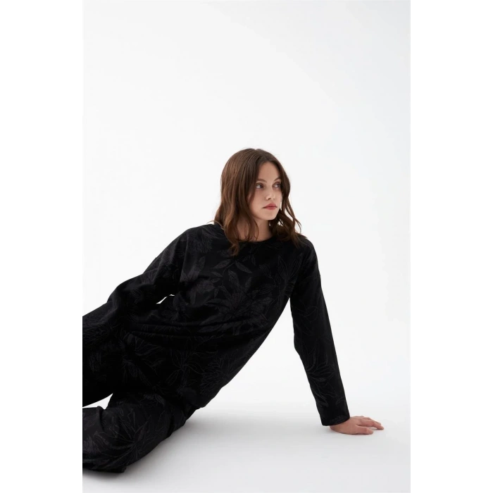 Moda Kadın Oversize Siyah Çiçek Desenli Pamuklu Kalın Pijama Takımı