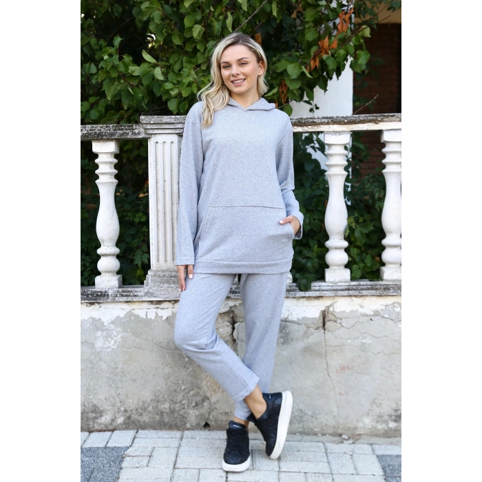 Moda Kadın Pamuk Kapşonlu Cepli 3 İplik Gri Eşofman Takım
