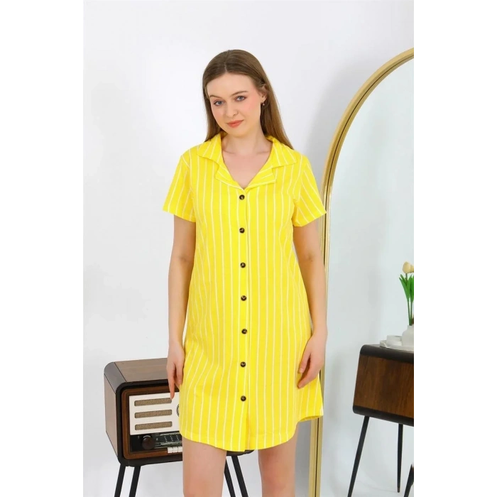 Moda Kadın Pamuk Penye Kısa Kol Düğmeli Sarı Tunik Gecelik