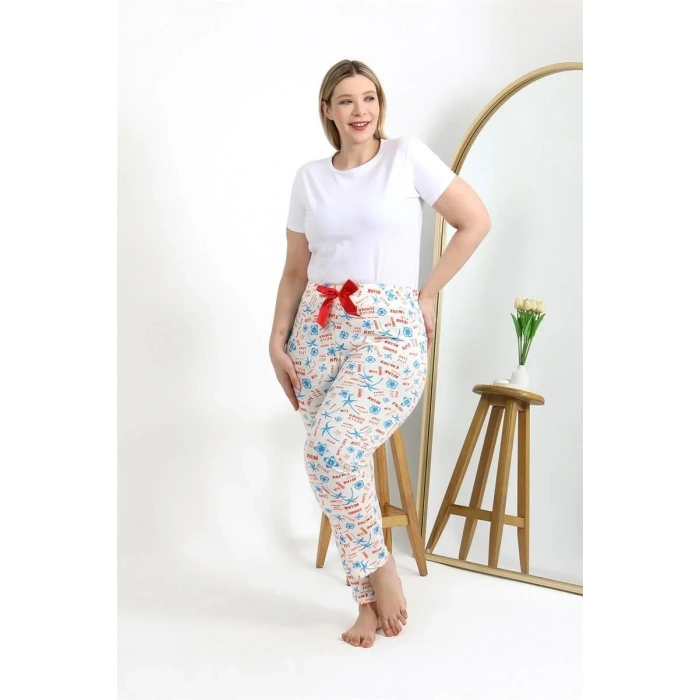 Moda Kadın Pamuklu Büyük Beden Alt Pijama Ekru