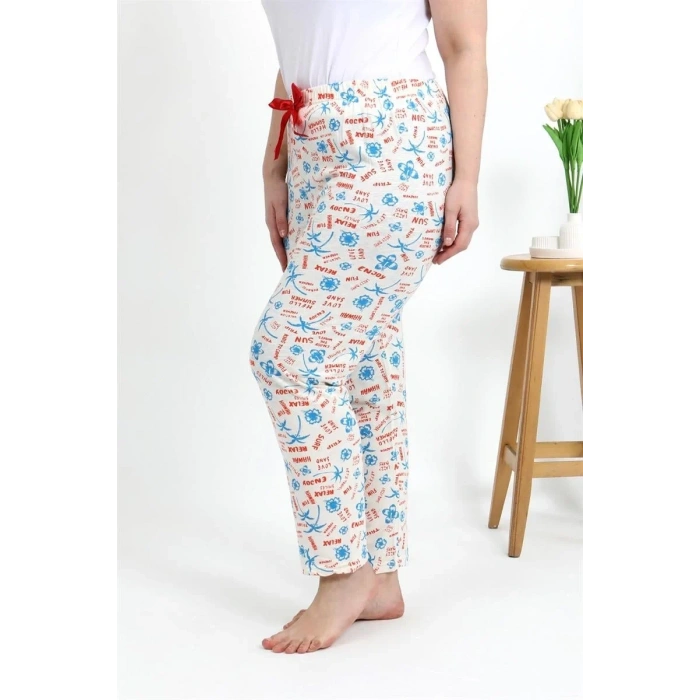 Moda Kadın Pamuklu Büyük Beden Alt Pijama Ekru