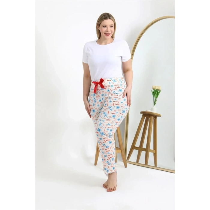 Moda Kadın Pamuklu Büyük Beden Alt Pijama Ekru