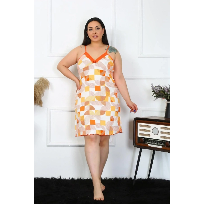 Moda Kadın Pamuklu İp Askılı Büyük Beden Gecelik Sarı