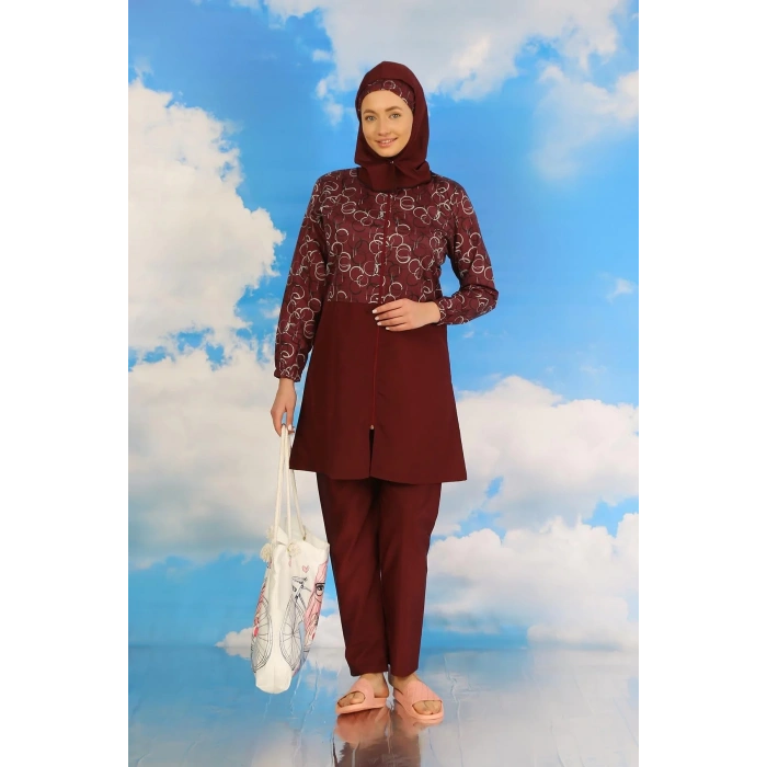 Moda Kadın Pantolonlu Desenli Tam Tesettür Mayo Bordo