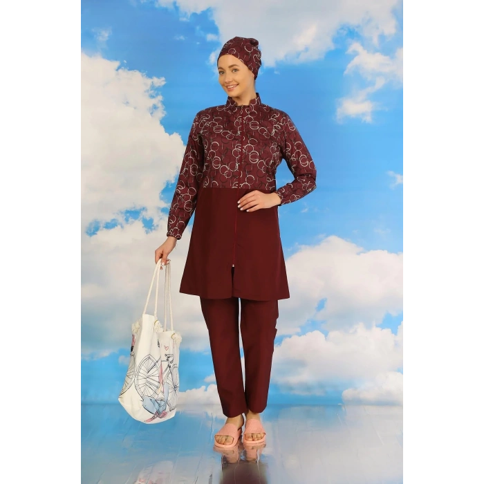 Moda Kadın Pantolonlu Desenli Tam Tesettür Mayo Bordo