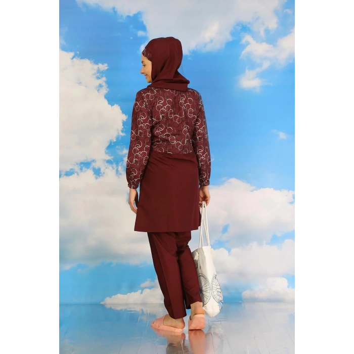 Moda Kadın Pantolonlu Desenli Tam Tesettür Mayo Bordo