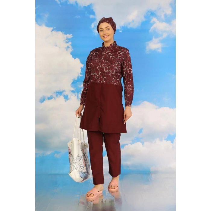 Moda Kadın Pantolonlu Desenli Tam Tesettür Mayo Bordo