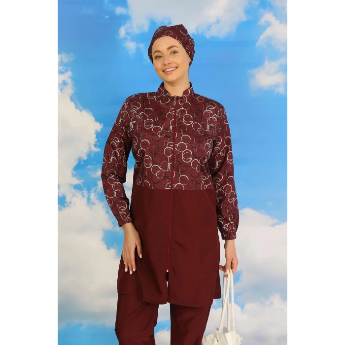 Moda Kadın Pantolonlu Desenli Tam Tesettür Mayo Bordo