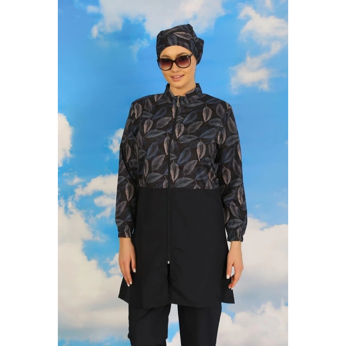 Moda Kadın Pantolonlu Desenli Tam Tesettür Mayo Lacivert