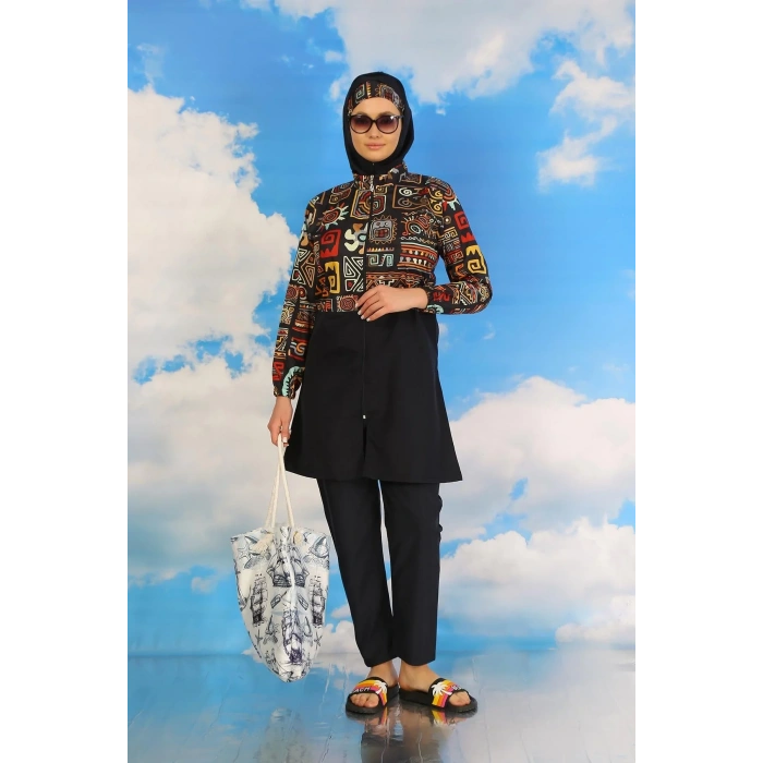 Moda Kadın Pantolonlu Desenli Tam Tesettür Mayo Lacivert