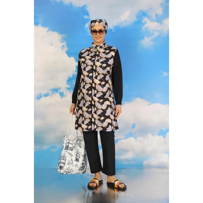 Moda Kadın Pantolonlu Desenli Tam Tesettür Mayo Lacivert