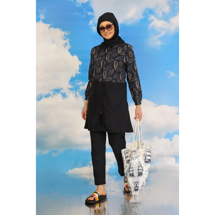 Moda Kadın Pantolonlu Desenli Tam Tesettür Mayo Lacivert