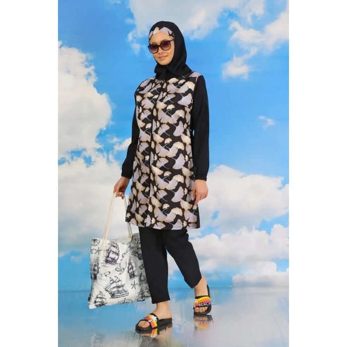 Moda Kadın Pantolonlu Desenli Tam Tesettür Mayo Lacivert