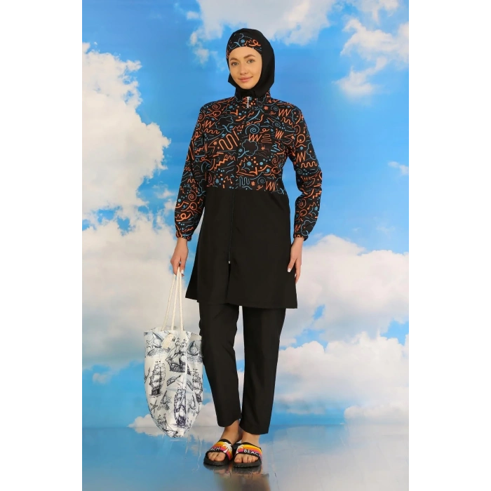 Moda Kadın Pantolonlu Desenli Tam Tesettür Mayo Siyah