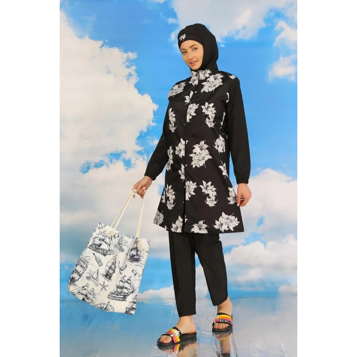 Moda Kadın Pantolonlu Desenli Tam Tesettür Mayo Siyah