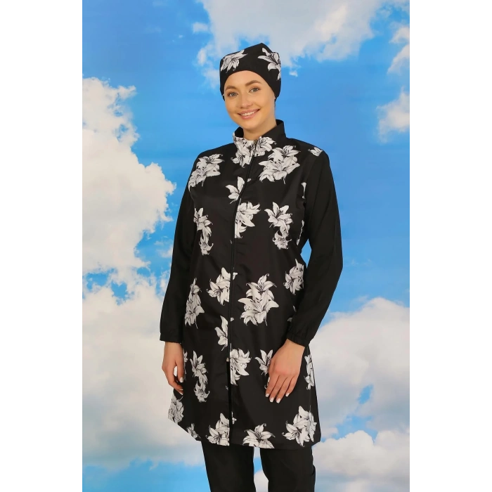 Moda Kadın Pantolonlu Desenli Tam Tesettür Mayo Siyah