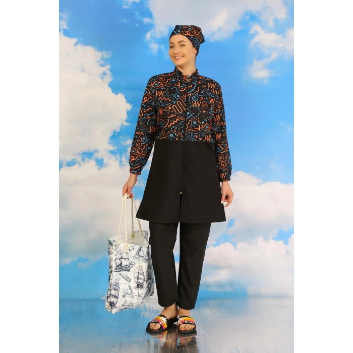Moda Kadın Pantolonlu Desenli Tam Tesettür Mayo Siyah