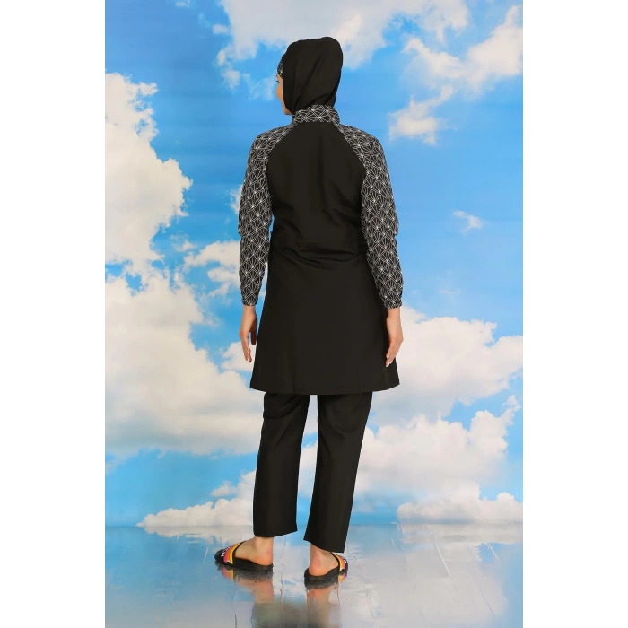 Moda Kadın Pantolonlu Desenli Tam Tesettür Mayo Siyah