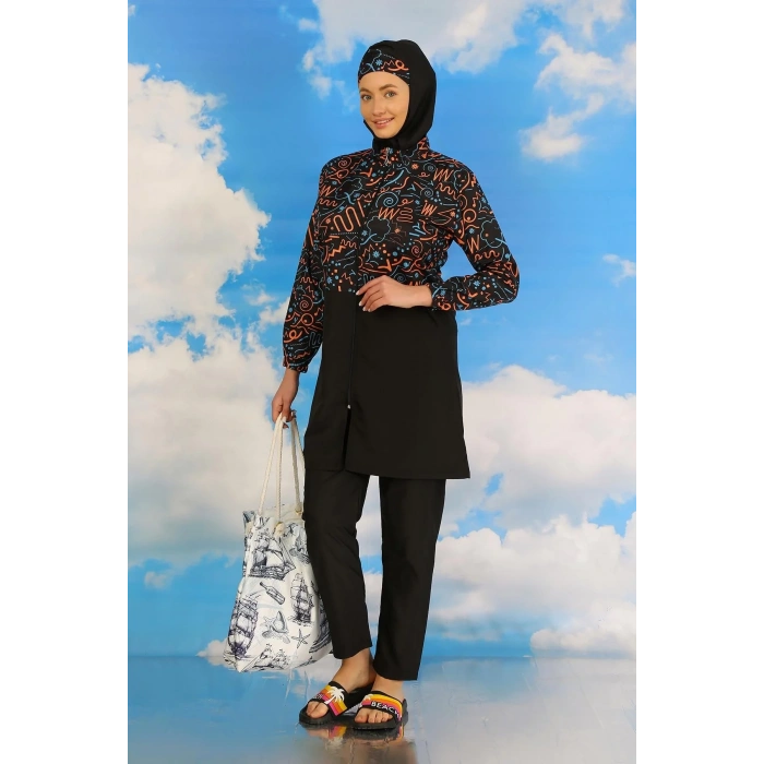 Moda Kadın Pantolonlu Desenli Tam Tesettür Mayo Siyah