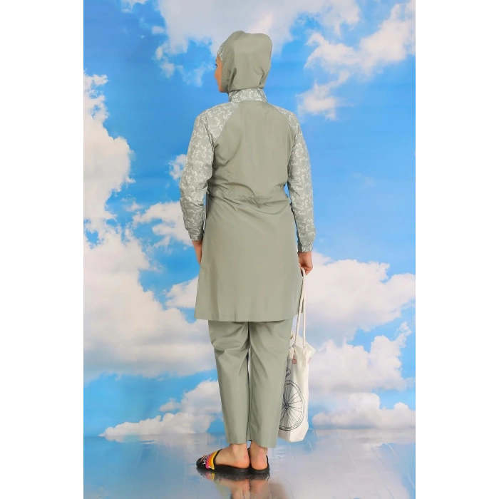Moda Kadın Pantolonlu Desenli Tam Tesettür Mayo Su Yeşili