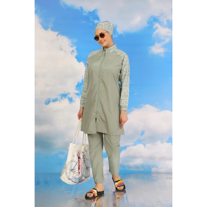 Moda Kadın Pantolonlu Desenli Tam Tesettür Mayo Su Yeşili