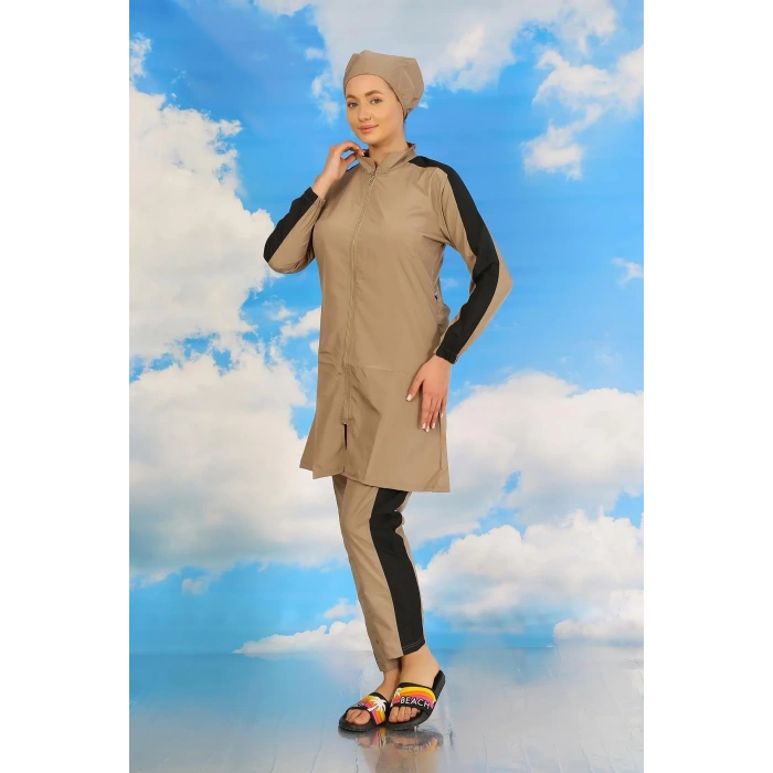 Moda Kadın Pantolonlu Kolu Şeritli Tam Tesettür Mayo Bej