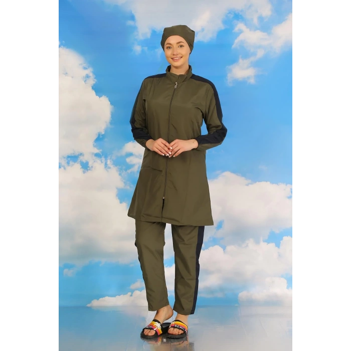 Moda Kadın Pantolonlu Kolu Şeritli Tam Tesettür Mayo Haki