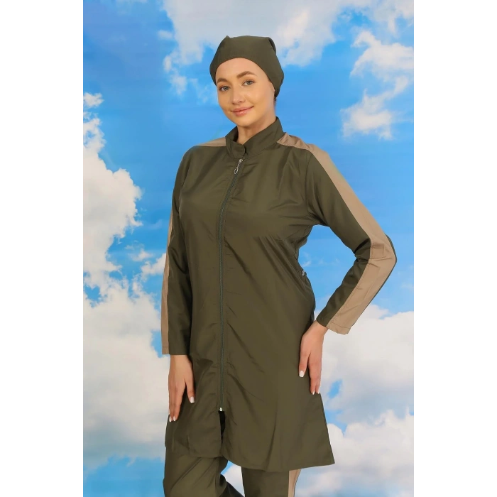 Moda Kadın Pantolonlu Kolu Şeritli Tam Tesettür Mayo Haki