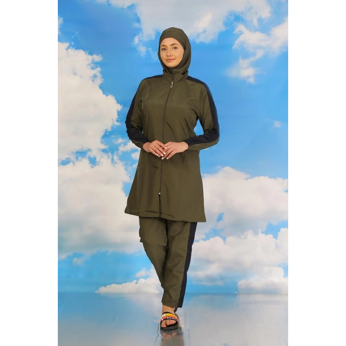 Moda Kadın Pantolonlu Kolu Şeritli Tam Tesettür Mayo Haki