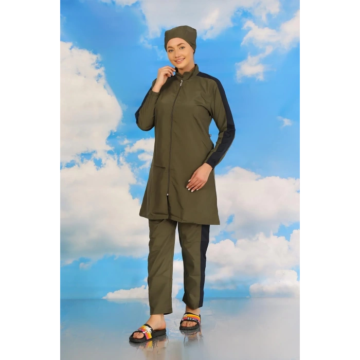 Moda Kadın Pantolonlu Kolu Şeritli Tam Tesettür Mayo Haki