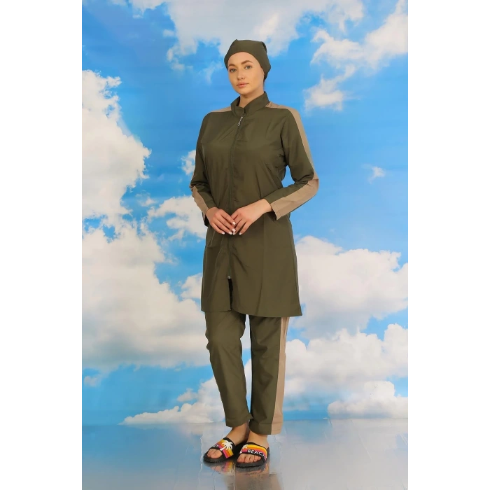 Moda Kadın Pantolonlu Kolu Şeritli Tam Tesettür Mayo Haki