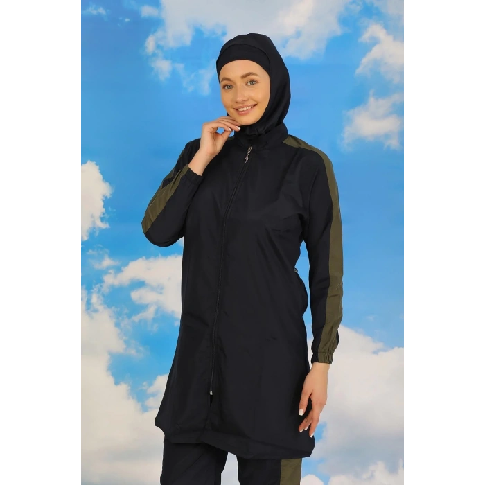 Moda Kadın Pantolonlu Kolu Şeritli Tam Tesettür Mayo Lacivert