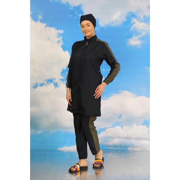 Moda Kadın Pantolonlu Kolu Şeritli Tam Tesettür Mayo Lacivert